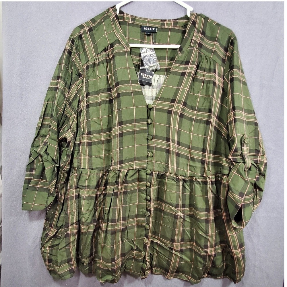 Torrid Green Plaid Babydoll Top Button Front Roll Tab Sleeve 2X 12027499 NEW